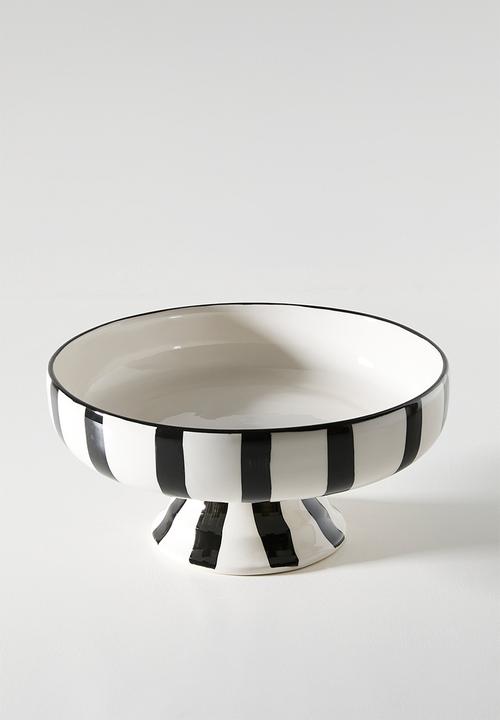 Urchin Art - Serving bowl short w stand - black stripes