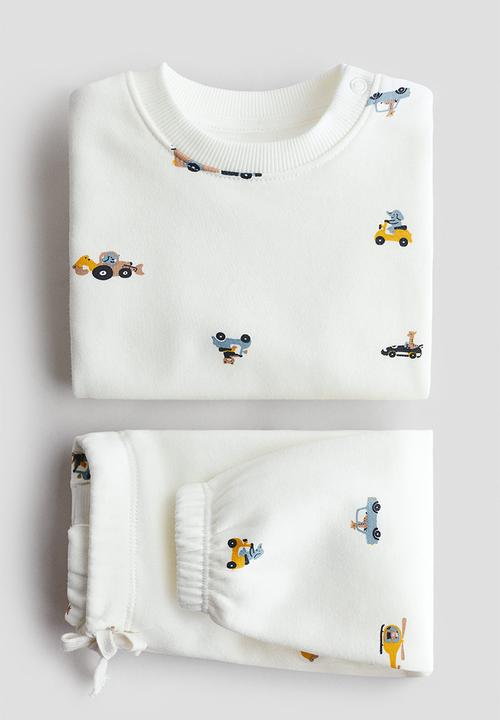 H&M - 2-piece printed sweatshirt set - cream/vehicles
