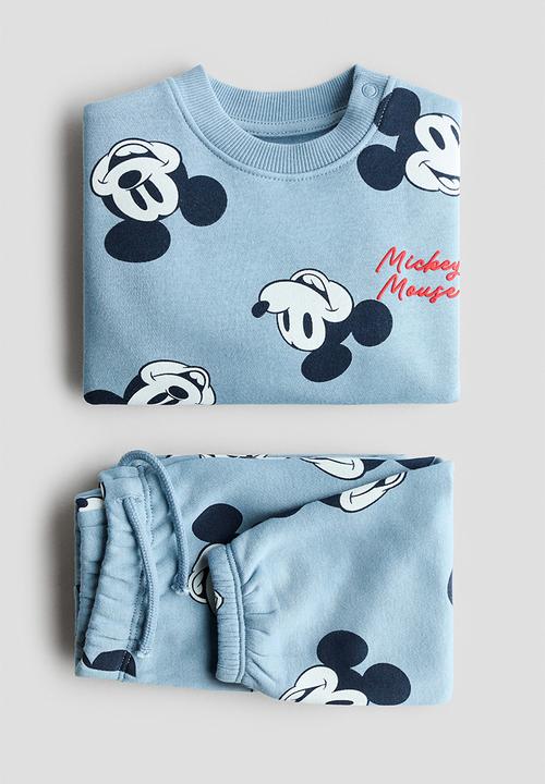 H&M - 2-piece printed sweatshirt set - dusty blue/mickey mouse