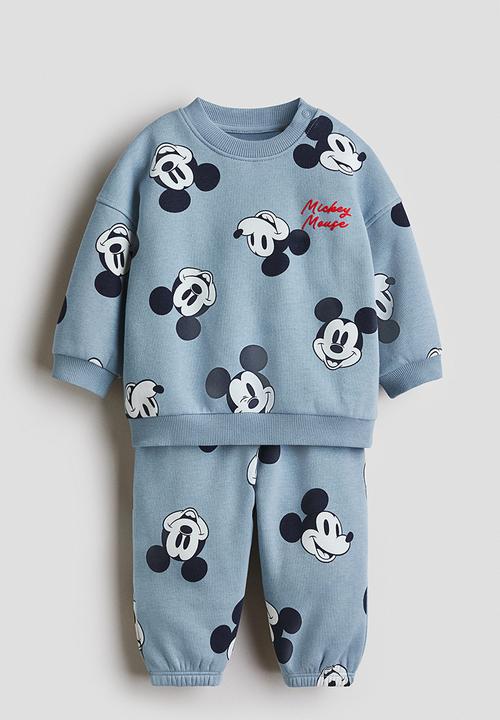 H&M - 2-piece printed sweatshirt set - dusty blue/mickey mouse