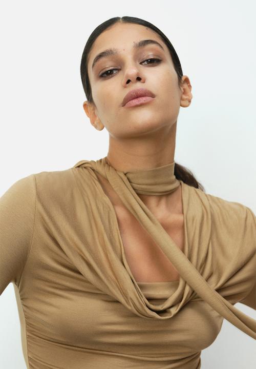 Draped scarf-detail top - dark beige