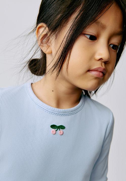 H&M - Ribbed cotton top - light blue/cherries