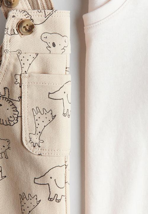 H&M - 2-Piece dungarees and top set - light beige/animals