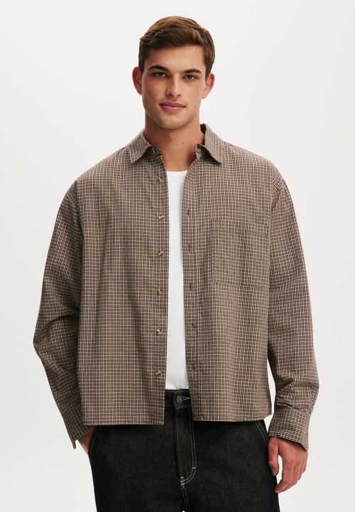 Cotton On - Hudson long sleeve shirt - chocolate mini check