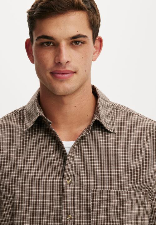 Cotton On - Hudson long sleeve shirt - chocolate mini check
