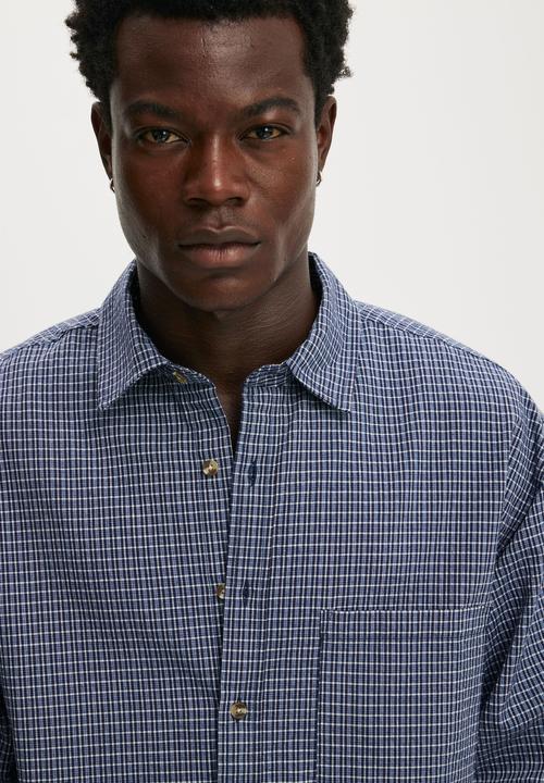 Cotton On - Hudson long sleeve shirt - navy mini check