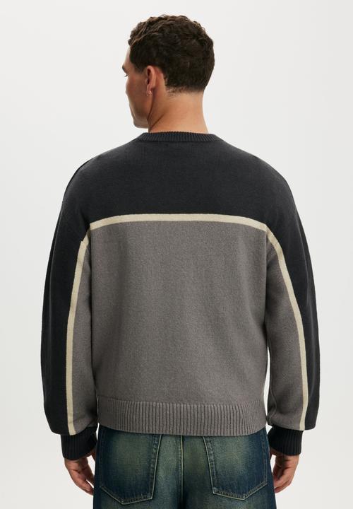 Cotton On - Panelled Crew Knit - Black / Splice