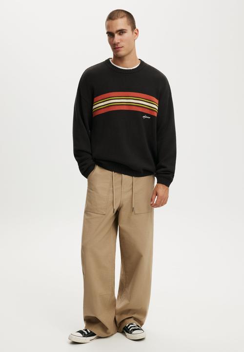 Cotton On - Panelled Crew Knit - Black / Stripe Panel