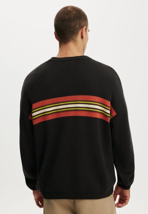 Cotton On - Panelled Crew Knit - Black / Stripe Panel