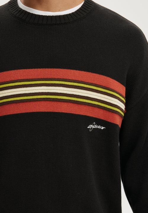 Cotton On - Panelled Crew Knit - Black / Stripe Panel