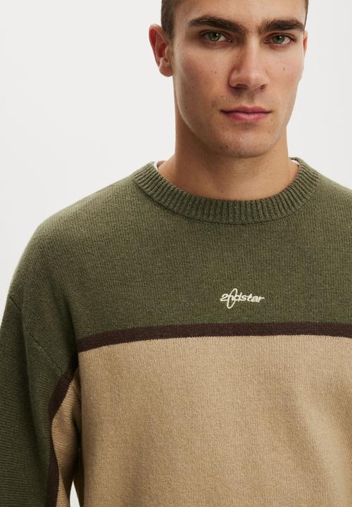 Cotton On - Panelled Crew Knit - Khaki / Splice