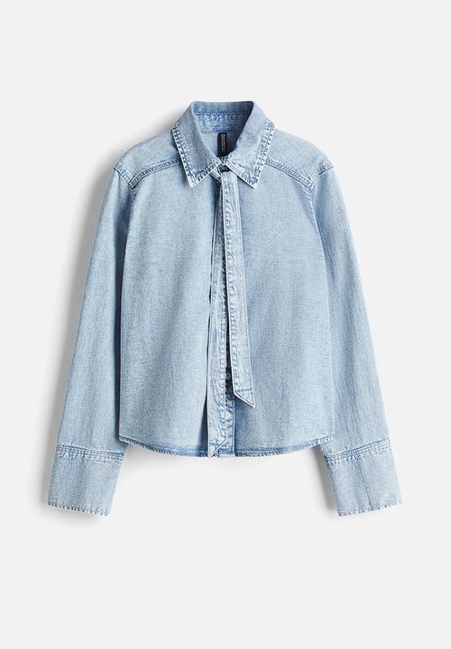 H&M - Bow-detail denim blouse - light denim blue