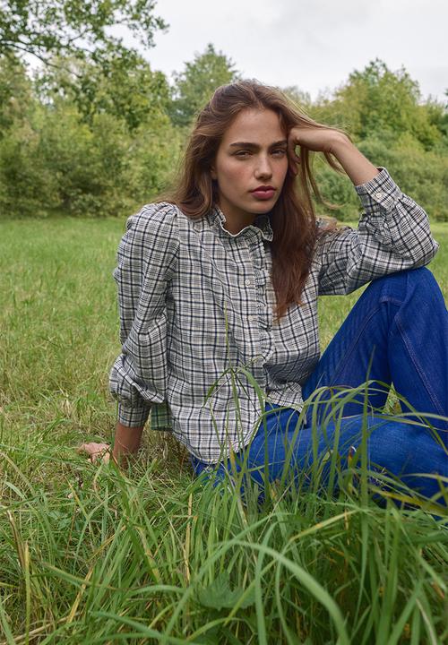 H&M - Frill-collared cotton blouse - cream/checked