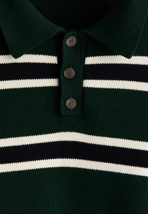 H&M - Loose fit knitted polo shirt - dark green/striped