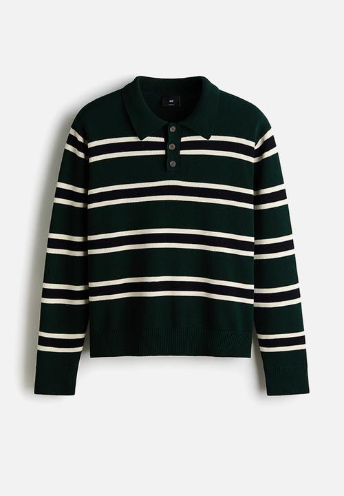 Loose fit knitted polo shirt - dark green/striped - 1307281002