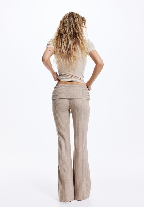 H&M - Rib-knit foldover-waist leggings - beige