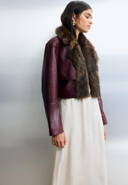 H&M - Cropped coated jacket - burgundy/brown