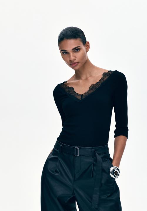 H&M - Lace-trimmed rib-knit top - black