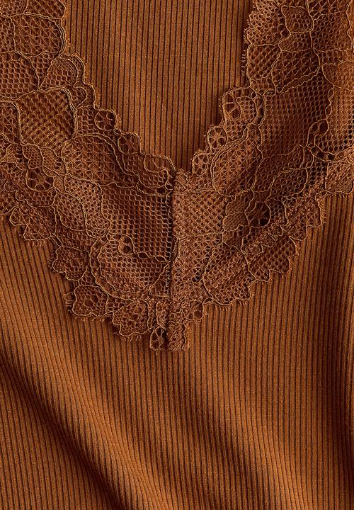 H&M - Lace-trimmed rib-knit top - brown
