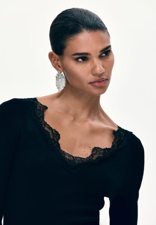 H&M - Lace-trimmed rib-knit top - black