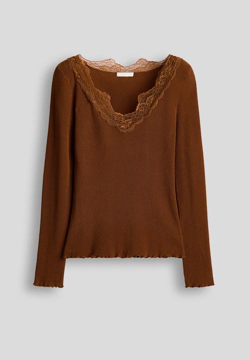 H&M - Lace-trimmed rib-knit top - brown