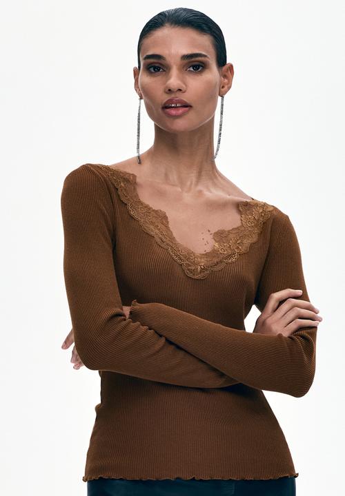 H&M - Lace-trimmed rib-knit top - brown