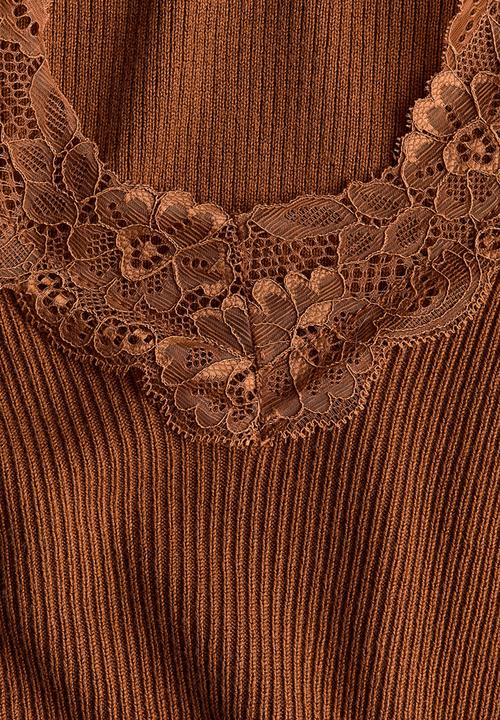 H&M - Lace-trimmed rib-knit top - brown