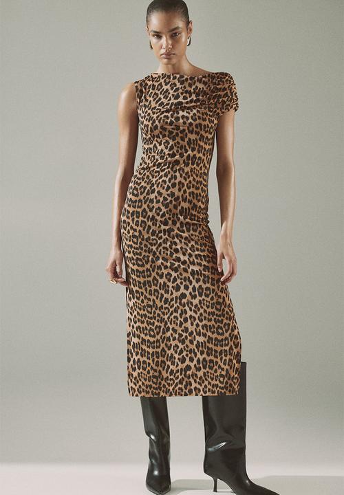 H&M - One-shoulder jersey dress - dark beige/leopard print