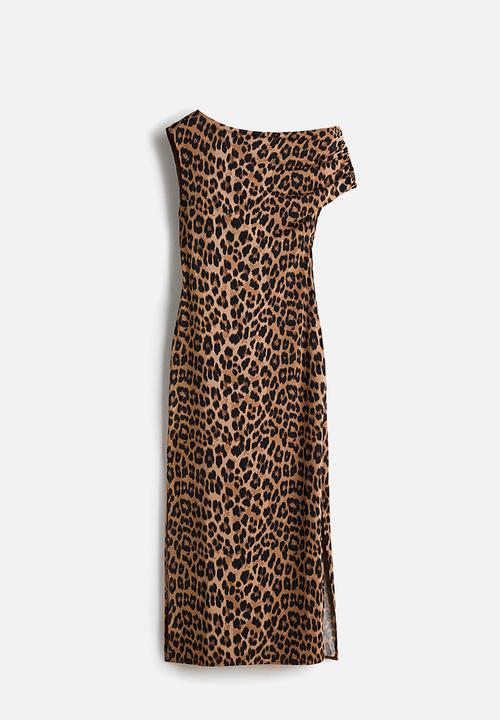 H&M - One-shoulder jersey dress - dark beige/leopard print