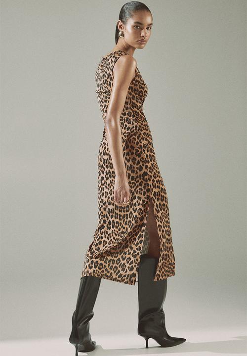 H&M - One-shoulder jersey dress - dark beige/leopard print