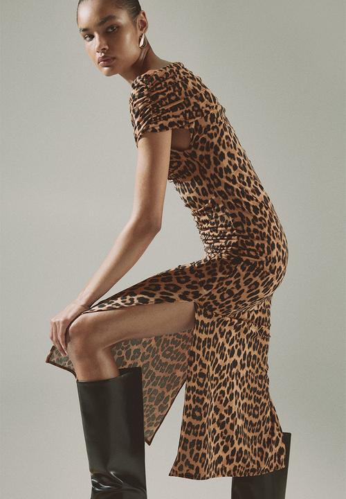 H&M - One-shoulder jersey dress - dark beige/leopard print