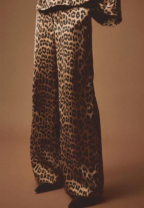 H&M - Wide tailored trousers - dark beige/leopard print
