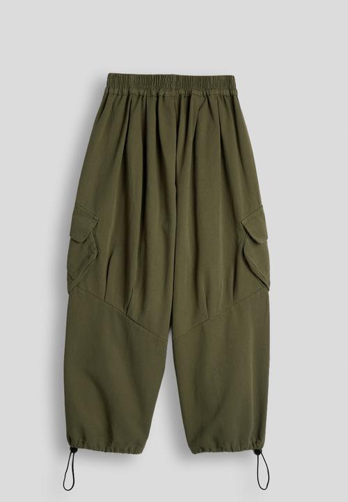 Pop Candy - Drawstring hem cargo pants with large side pockets - moss green