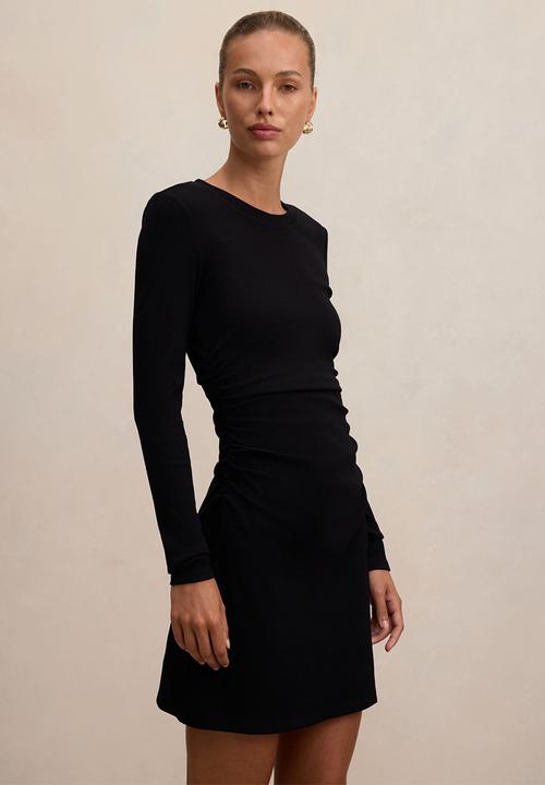 Forever New - Ash long sleeve ribbed mini dress in black