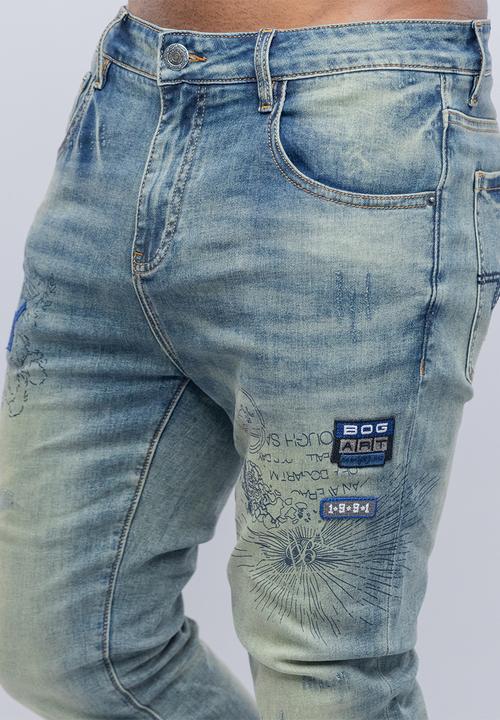 Bogart Man - Bogart vintage wash embroidered denim - blue
