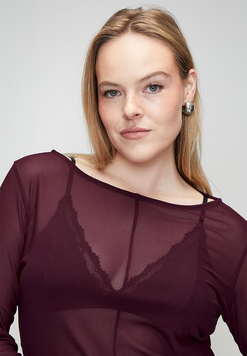 Me&B - Plus Crew Neck Mesh Top - Burgundy