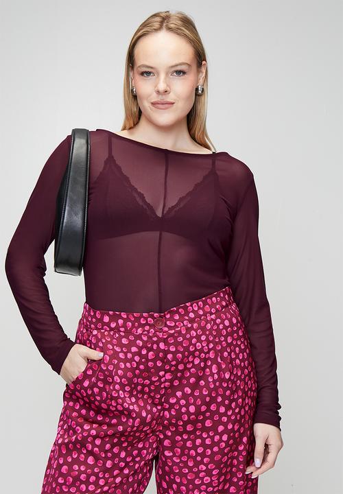 Me&B - Plus Crew Neck Mesh Top - Burgundy