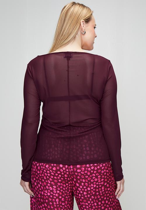 Me&B - Plus Crew Neck Mesh Top - Burgundy