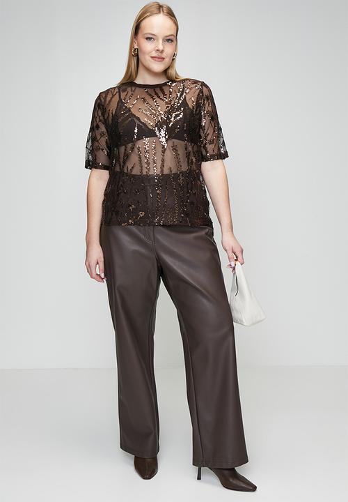 Me&B - Plus Mesh Sequin Top - Chocolate