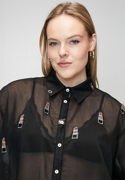 Me&B - Plus Bellow Sleeve Shirt in Beaded Lipstick - Black