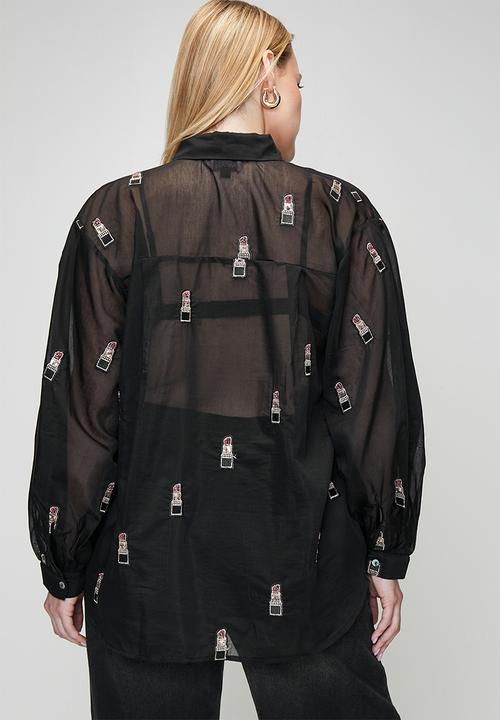 Me&B - Plus Bellow Sleeve Shirt in Beaded Lipstick - Black
