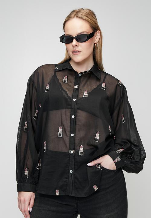 Me&B - Plus Bellow Sleeve Shirt in Beaded Lipstick - Black