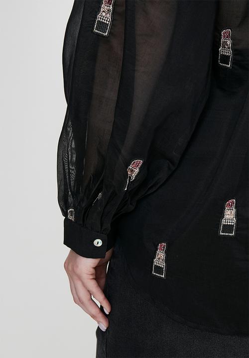 Me&B - Plus Bellow Sleeve Shirt in Beaded Lipstick - Black