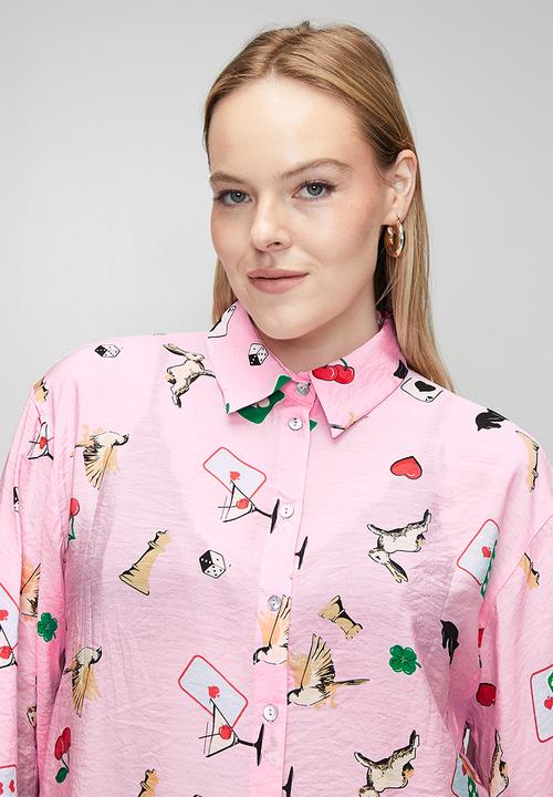 Me&B - Plus Bellow Sleeve Shirt in Players Print - Light Pink