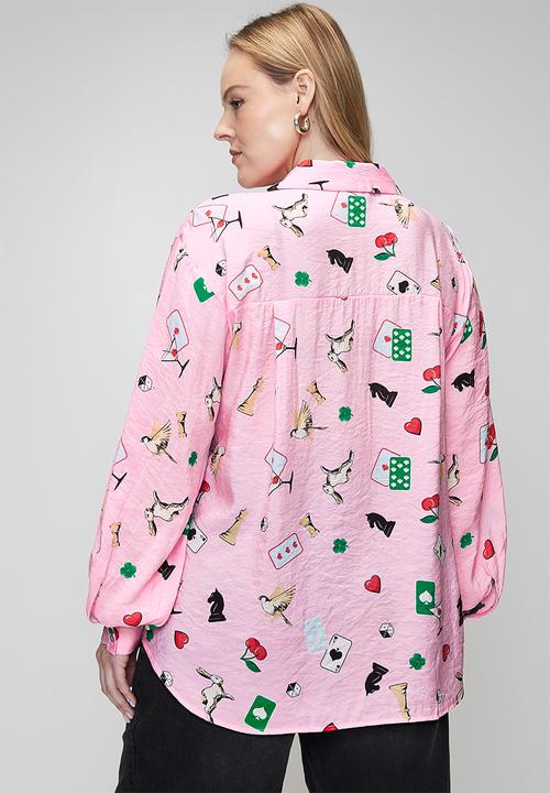 Me&B - Plus Bellow Sleeve Shirt in Players Print - Light Pink