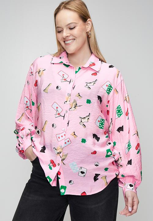 Me&B - Plus Bellow Sleeve Shirt in Players Print - Light Pink