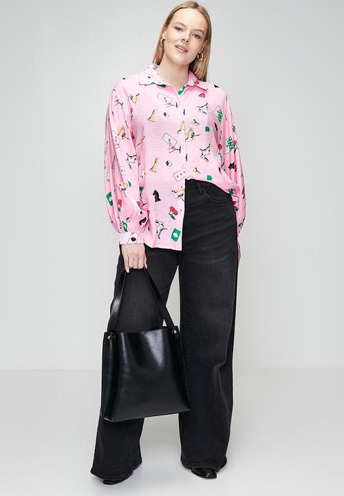 Me&B - Plus Bellow Sleeve Shirt in Players Print - Light Pink