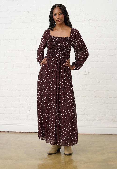 Me&B - Shirred Georgette Maxi -  Burgundy & Pink