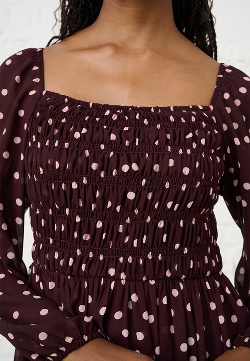 Me&B - Shirred Georgette Maxi -  Burgundy & Pink