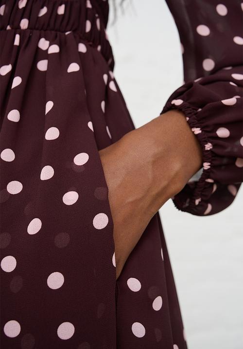 Me&B - Shirred Georgette Maxi -  Burgundy & Pink